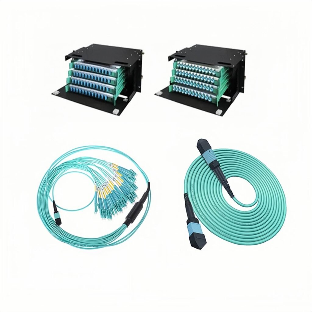Diagram showing MPO application components: two high-density MPO cassettes at top, an MPO-to-LC breakout cable on the lower left, and a coiled MPO trunk cable on the lower right, all illustrating end-to-end fiber connectivity.
