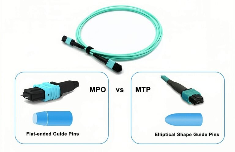 In the world of high-performance networking, every detail counts. This image highlights the physical and technical differences between MPO and MTP fiber optic connectors—two essential components in data center cabling.