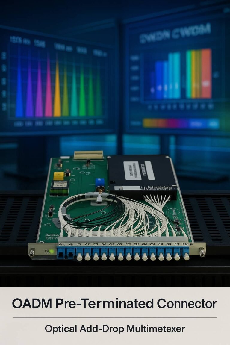 Optical Add-Drop Multiplexer (OADM) module mounted on a server rack in front of network operation center screens displaying CWDM and DWDM wavelength spectrums.