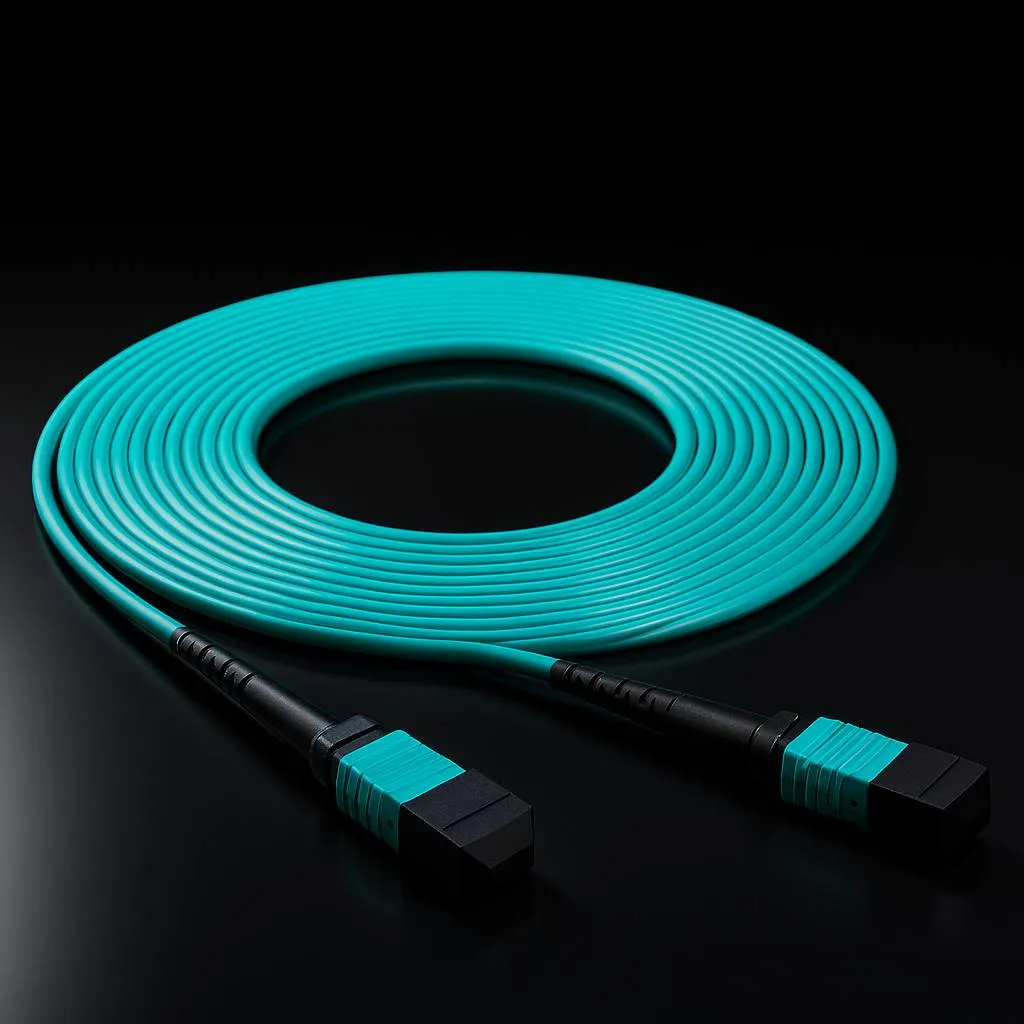 Un câble à fibre optique MPO turquoise enroulé avec des connecteurs rectangulaires assortis, placé sur une surface noire réfléchissante avec un éclairage de studio spectaculaire.