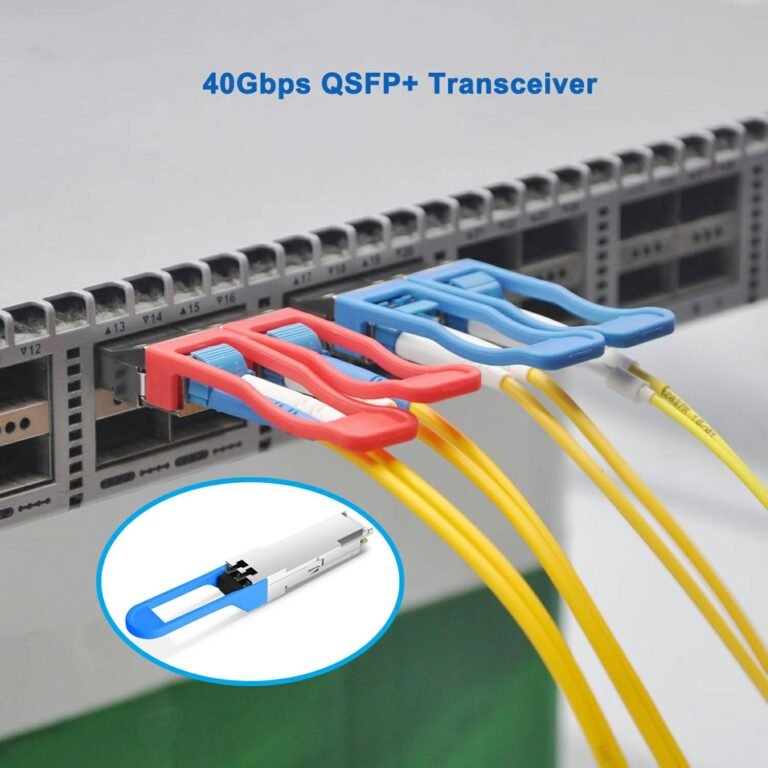 Close-up of four QSFP+ transceivers with red and blue pull-tabs connected to yellow fiber cables, positioned on a green printed circuit board background with an inset showing a single transceiver.