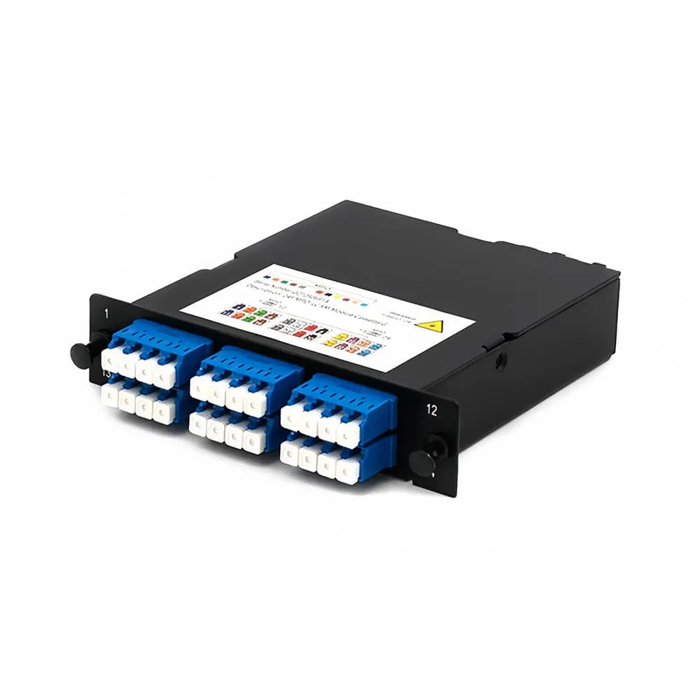 ABPTEL OS2 singlemode cassette module with 24 LC Duplex ports, 2×MPO-12 connectors, LGX footprint, Method A polarity, for high-density data center and telecom fiber cabling