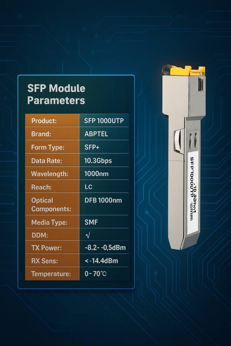 Digital graphic showing a metallic SFP 1000UTP module alongside a detailed parameter table, both set against a blue circuit board pattern background, with highlighted specifications such as data rate, wavelength, and temperature range.