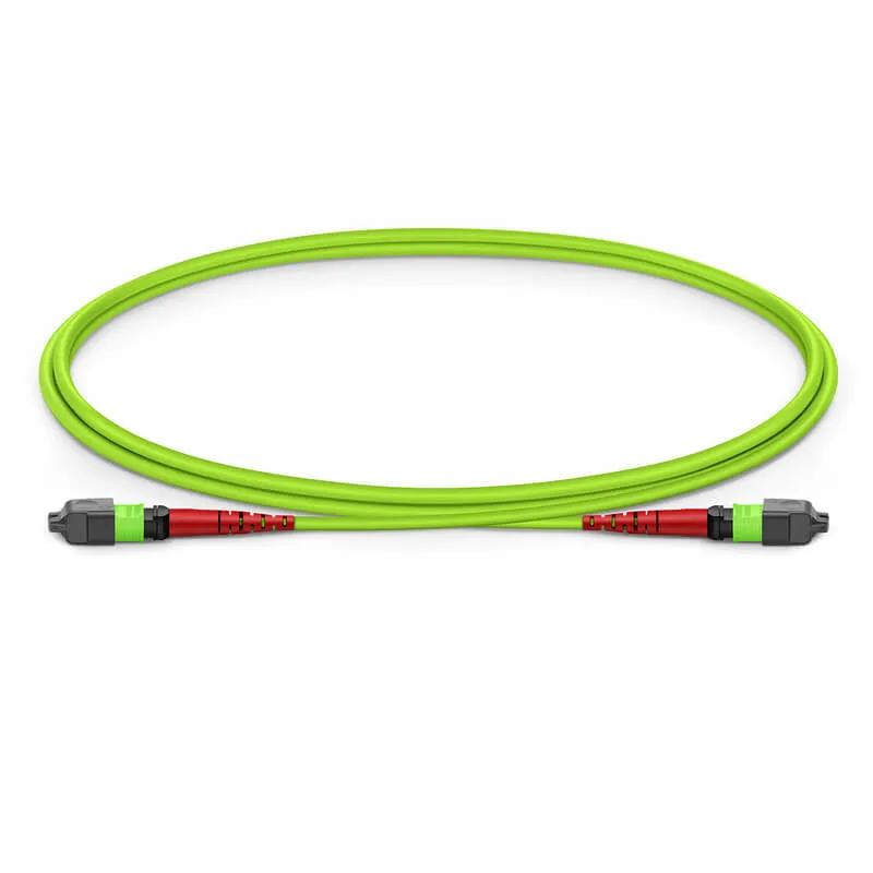 Cable puente ABPTEL MTP®-1 UPC hembra a UPC hembra de 24 fibras, OM24 multimodo 5/50 µm, revestimiento plenum OFNP verde lima, polaridad tipo A, pérdida máxima ≤125 dB, para conectividad de centros de datos de 0.35 G/100 G/200 G