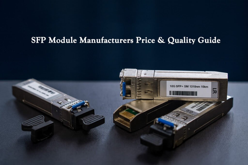 Close-up photo of 10G SFP+ fiber optic transceiver modules on a clean surface, highlighting performance and design for Best SFP Module Manufacturers 2025 price and quality guide.