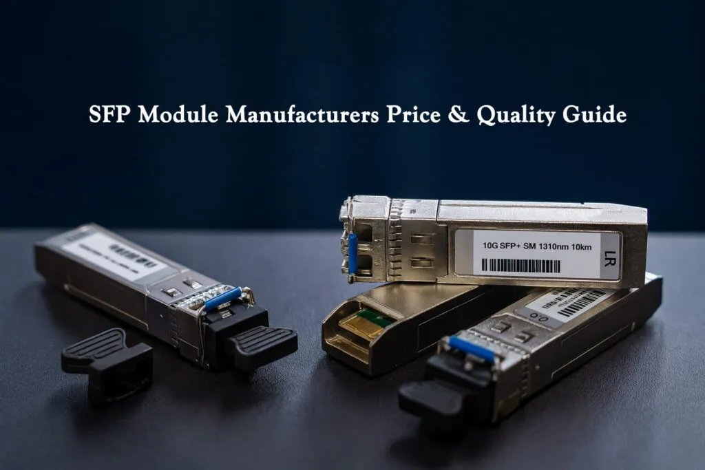 Close-up photo of 10G SFP+ fiber optic transceiver modules on a clean surface, highlighting performance and design for Best SFP Module Manufacturers 2025 price and quality guide.