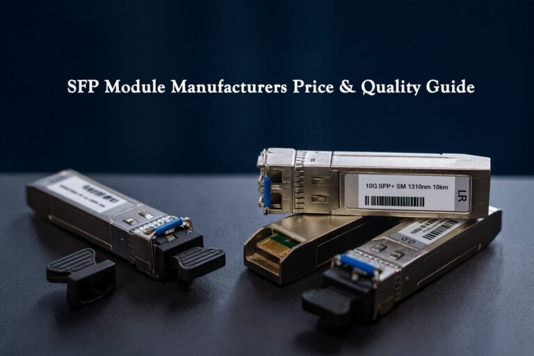 Close-up photo of 10G SFP+ fiber optic transceiver modules on a clean surface, highlighting performance and design for Best SFP Module Manufacturers 2025 price and quality guide.