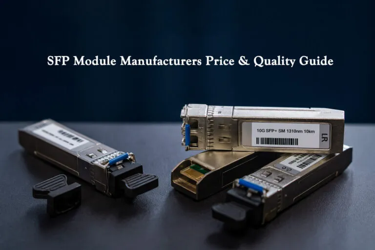 Close-up photo of 10G SFP+ fiber optic transceiver modules on a clean surface, highlighting performance and design for Best SFP Module Manufacturers 2025 price and quality guide.