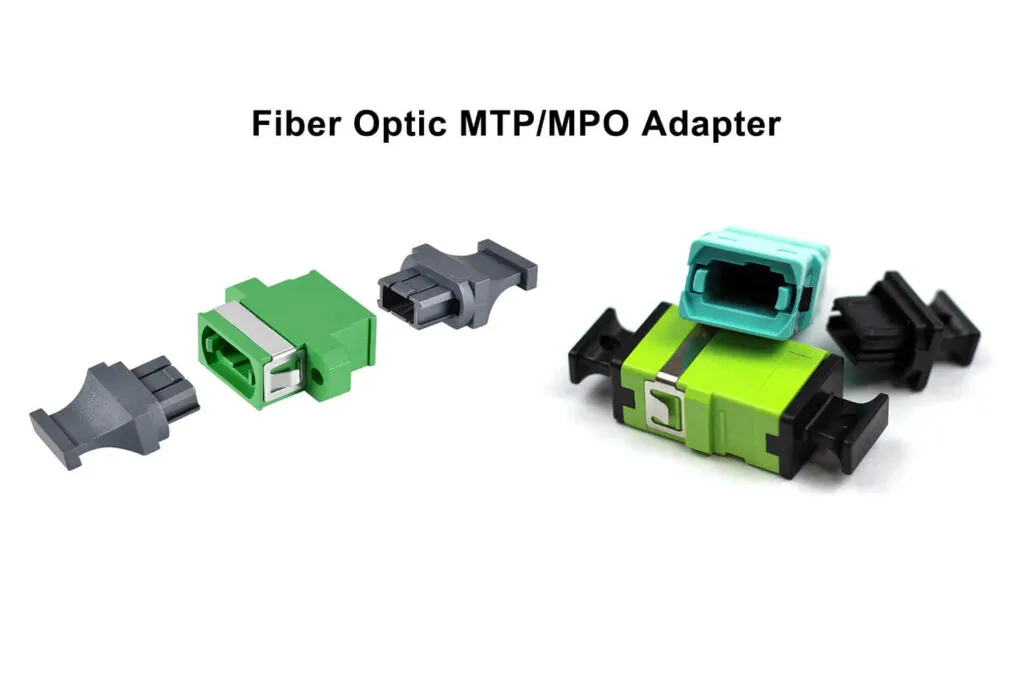 fiber optic MTP/MPO adapters in green and aqua blue, with removable dust caps and alignment parts, designed for high-density data center and telecom network connections.
