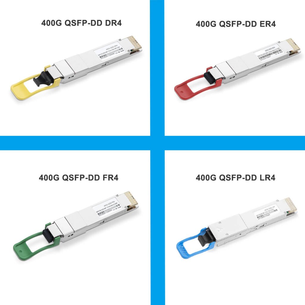 Composite image showing four 400G QSFP-DD optical transceivers—DR4 (yellow tab), ER4 (red tab), FR4 (green tab), and LR4 (blue tab)—for high-speed 400G data-center