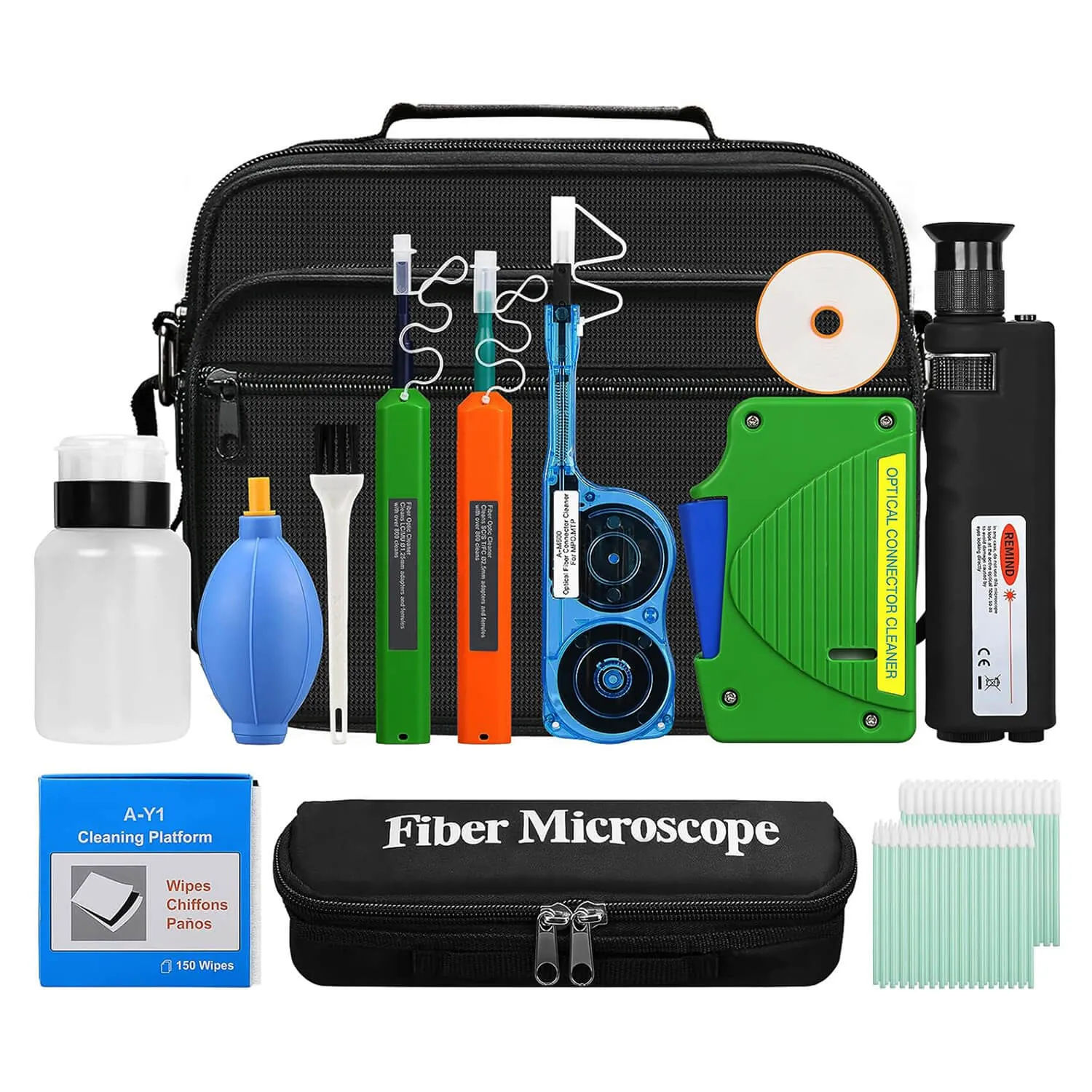 14-in-1 Fiber Optic Cleaning Tool Kit with 400x Microscope and SC/LC/MPO Cleaners