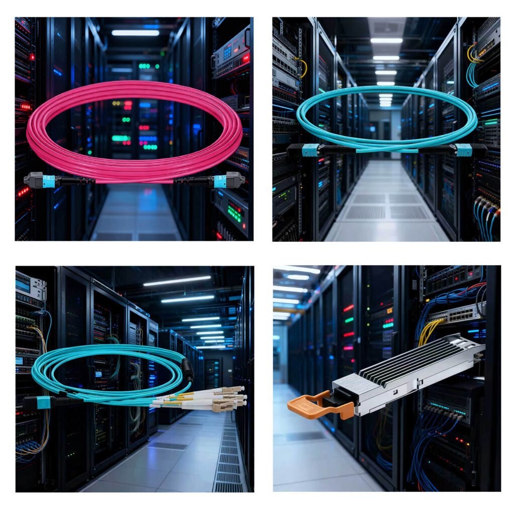 Comprehensive data center connectivity setup featuring OM4 fiber cables and QSFP transceivers for high-bandwidth network performance