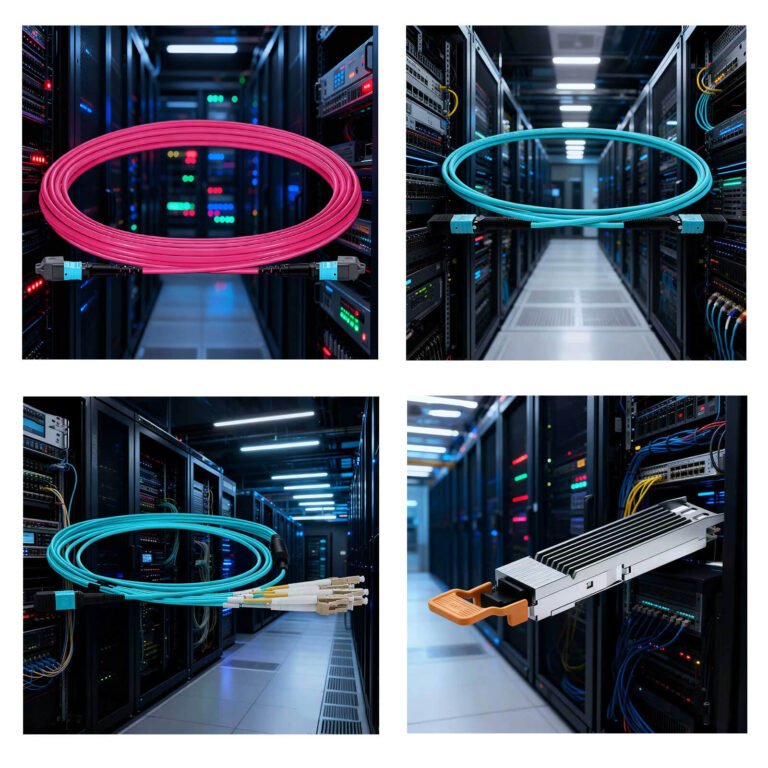 Comprehensive data center connectivity setup featuring OM4 fiber cables and QSFP transceivers for high-bandwidth network performance