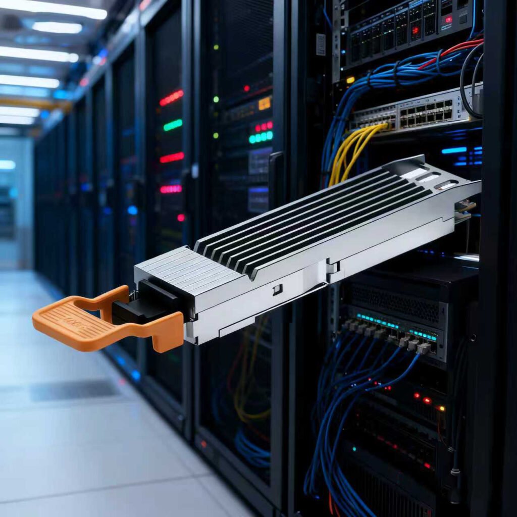 QSFP optical transceiver module providing 100G/400G high-speed connections between servers and switches in a data center