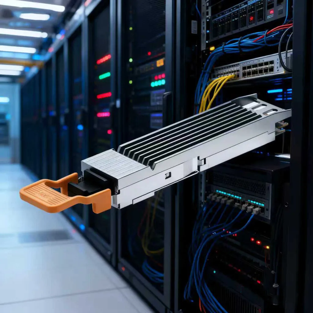 QSFP optical transceiver module providing 100G/400G high-speed connections between servers and switches in a data center