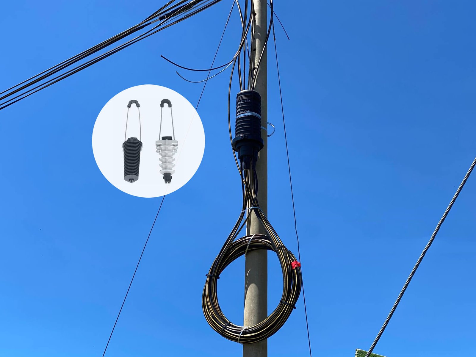 High-voltage conductors create a strong electric field around the tower.