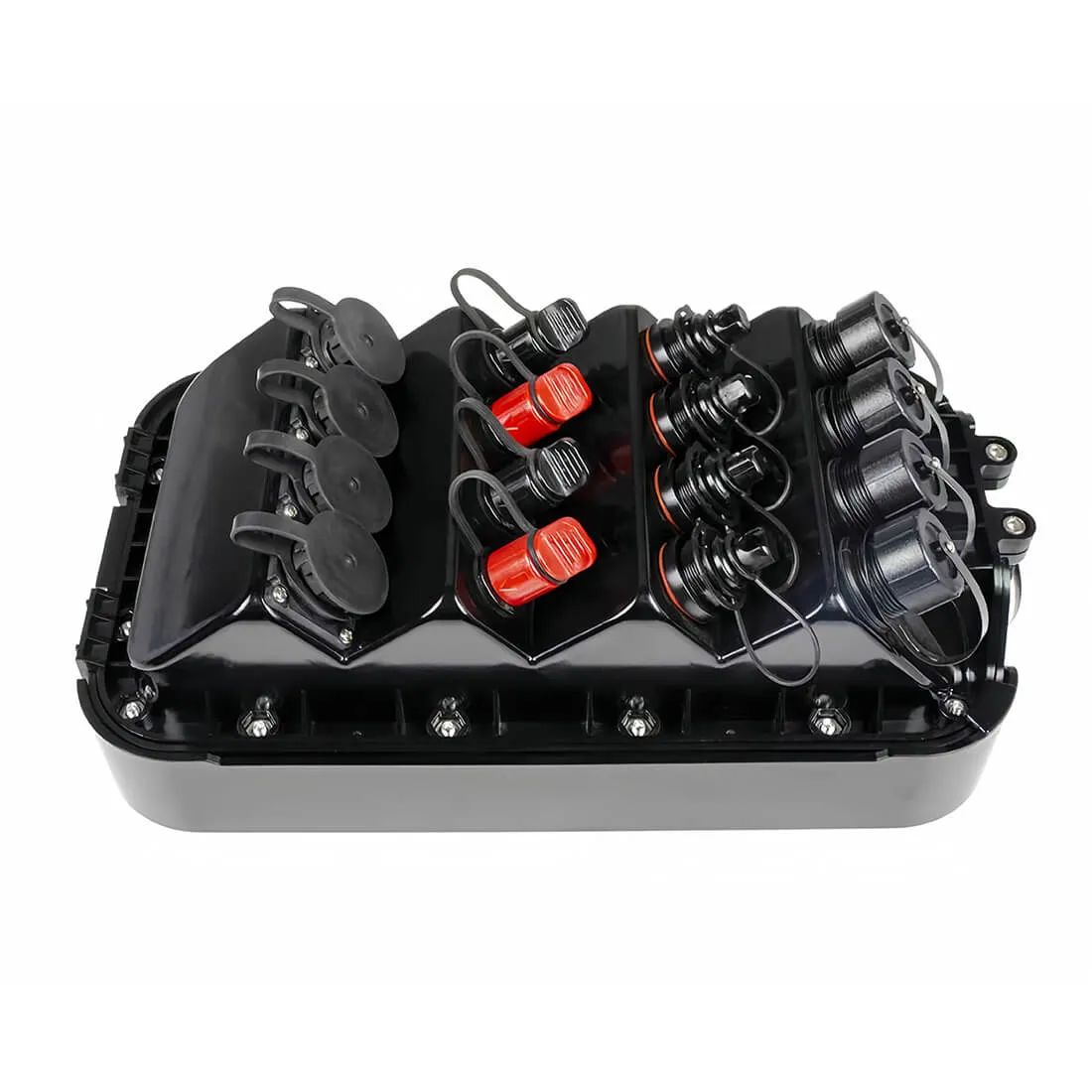 Vista dall'alto del terminale MST rinforzato IP68 che mostra le porte SC/APC rinforzate compatibili con OptiTap per connessioni FTTH dell'ultimo miglio plug-and-play senza giunzioni sul campo.
