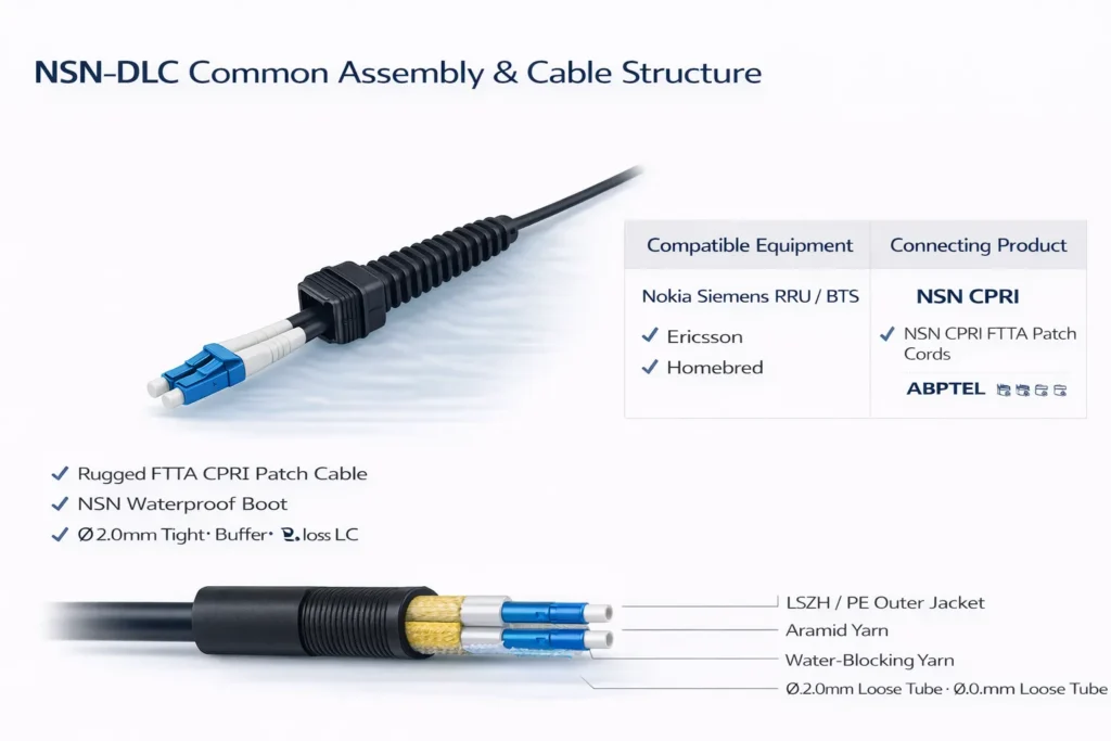 NSN CPRI FTTA connector series including duplex LC, DLC uniboot 5.0mm and 7.0mm options for Nokia Siemens RRU and outdoor FTTA deployments
