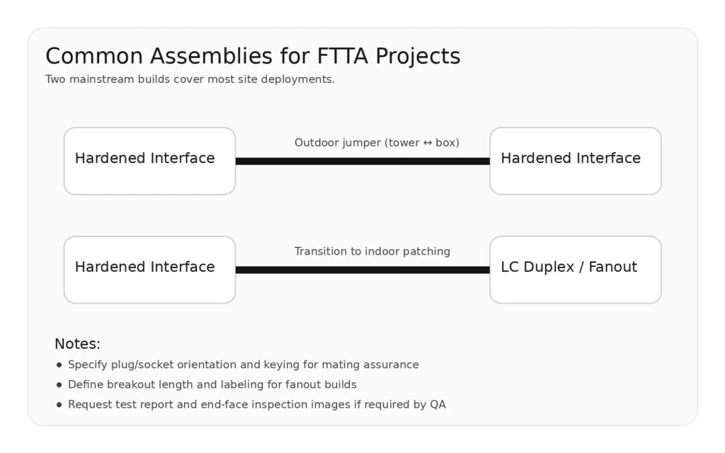Overview of JONHON hardened plug, panel socket or adapter, and LC duplex or LC fanout tail options for FTTA patch cord assemblies