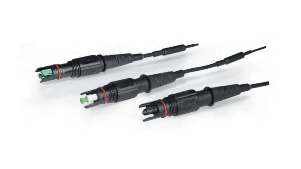 OPT waterproof connector variants showing SC, DLC and MPO interfaces for FTTA CPRI patch cords