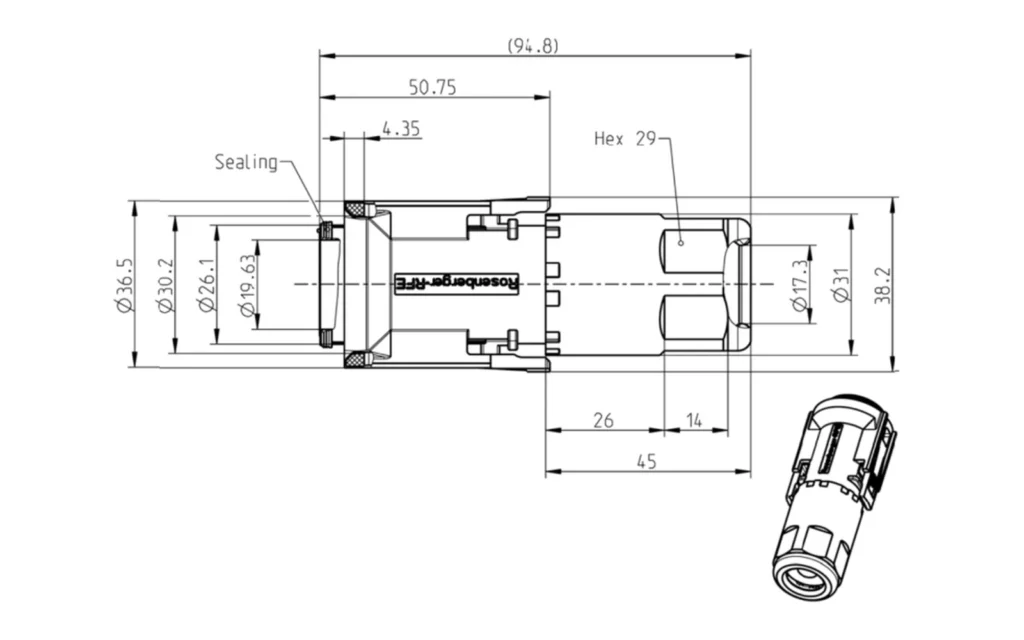 Outline dimension drawing of Rosenberger-compatible hardened connector for FTTA CPRI applications