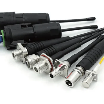 Comparison photo showing Rosenberger-compatible waterproof FTTA connector alongside common hardened interface families