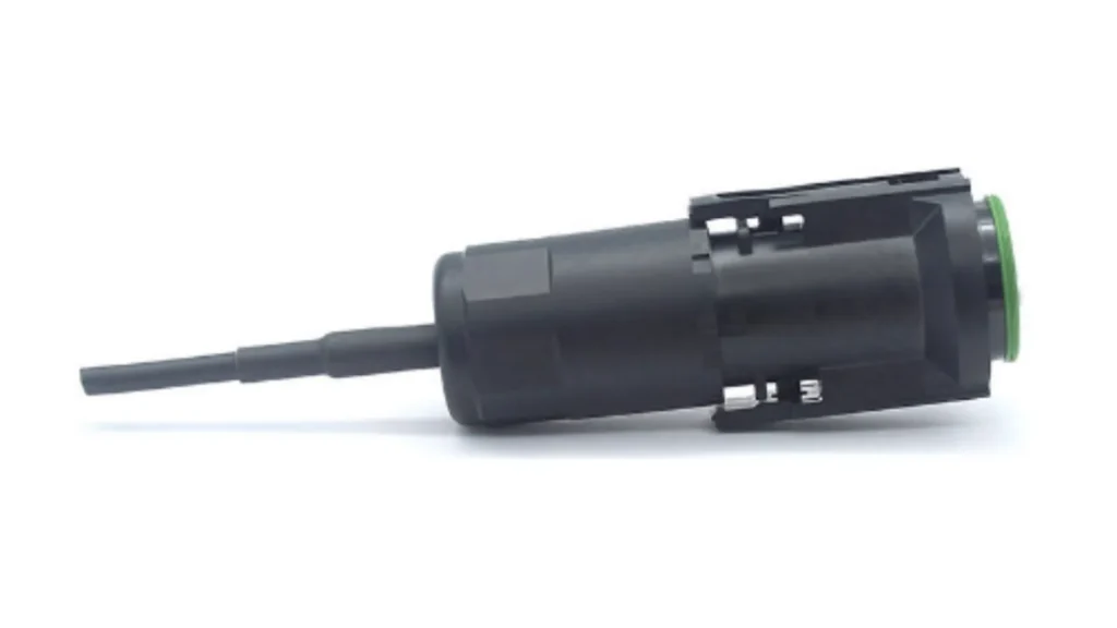 Side view of Rosenberger-compatible hardened waterproof connector for outdoor FTTA CPRI patch cords