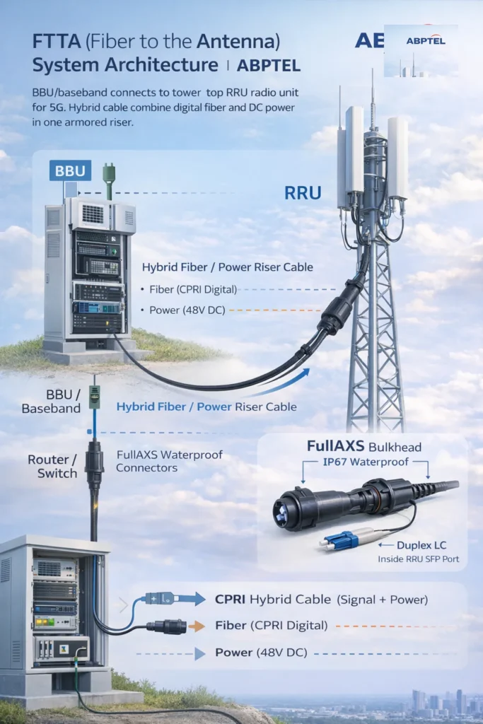 FTTA (Fiber to the Antenna) system architecture showing BBU to RRU connection using CPRI over Hybrid Fiber/Power riser cable and FullAXS waterproof connector to Duplex LC.