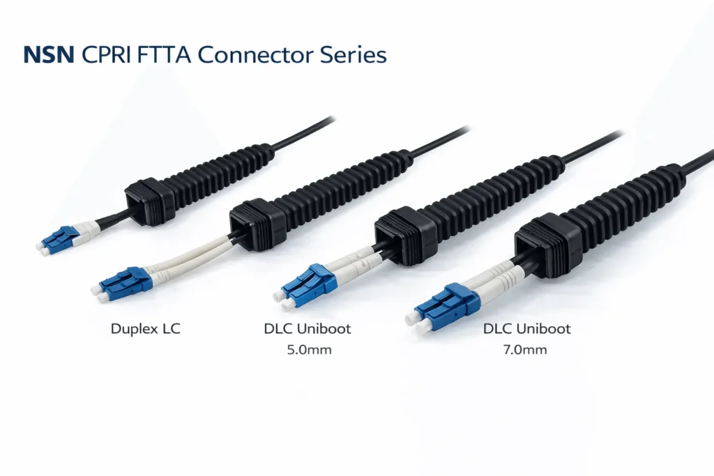 NSN-DLC CPRI FTTA patch cable showing LSZH outer jacket, aramid yarn strength member, water-blocking yarn and duplex LC fibers for outdoor RRU connection
