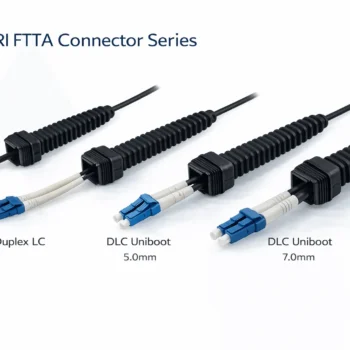 NSN-DLC CPRI FTTA patch cable showing LSZH outer jacket, aramid yarn strength member, water-blocking yarn and duplex LC fibers for outdoor RRU connection