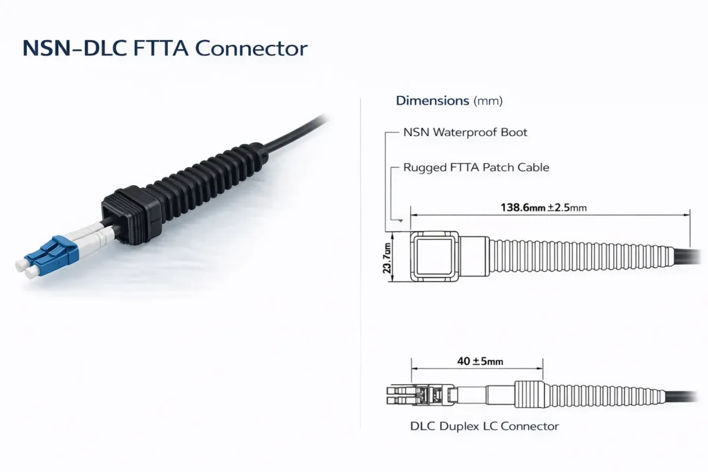 NSN-DLC FTTA connector dimensions diagram showing waterproof boot length 138.6mm, duplex LC connector and rugged CPRI patch cable design
