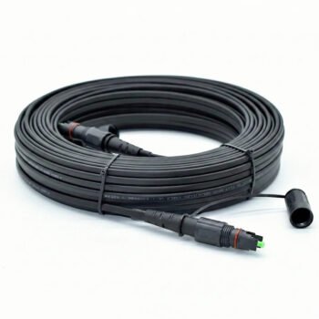 Toneable flat drop fiber optic cable assembly with hardened SC/APC connector, OptiTap compatible, for direct burial and aerial FTTH drops