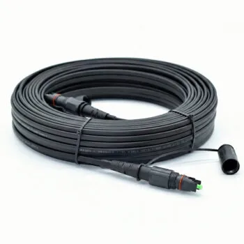 Toneable flat drop fiber optic cable assembly with hardened SC/APC connector, OptiTap compatible, for direct burial and aerial FTTH drops
