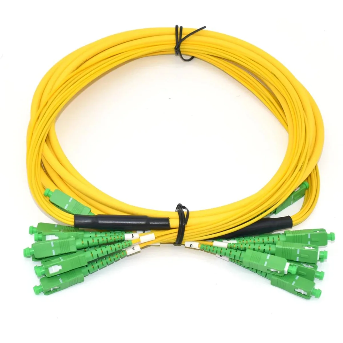 Indoor 8-Core Breakout Cable SC/APC to SC/APC | Pre-terminated LSZH Riser – ABPTEL Indoor pre-terminated 8-core fiber breakout cable with SC/APC to SC/APC connectors, yellow LSZH riser jacket – ABPTEL