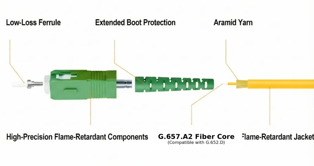 SC/APC connector structure diagram showing low-loss ferrule, extended boot protection, aramid yarn, flame-retardant components and G.657.A2 fiber core (compatible with G.657.A2) – ABPTEL