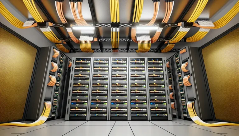 Wide-angle view of a data center with racks equipped with 100G QSFP28 interconnects, blending flexibility and scalability.