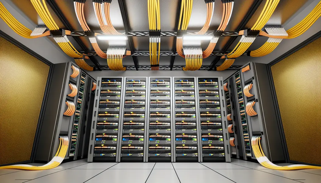 Wide-angle view of a data center with racks equipped with 100G QSFP28 interconnects, blending flexibility and scalability.