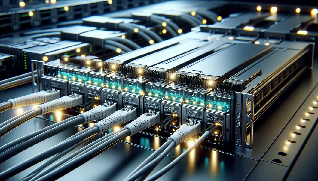 QSFP28 transceiver in operation, demonstrating modular connectivity and interoperability.