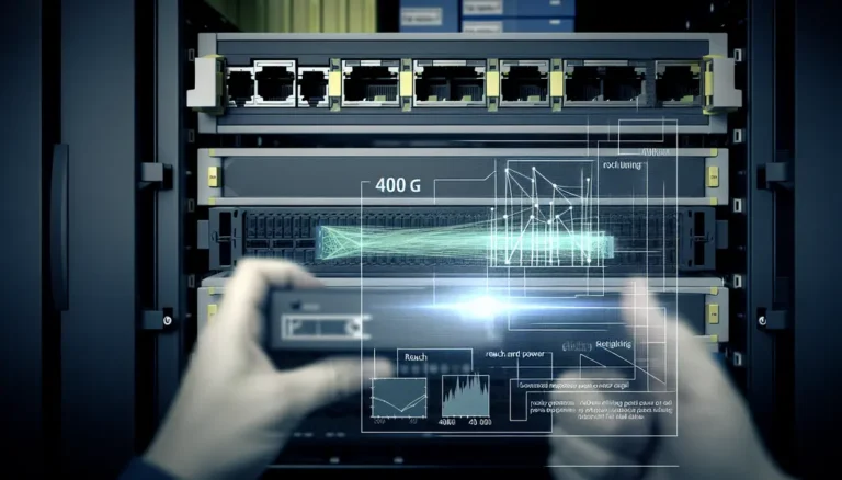 Visualization of a 400G transceiver deployment in a data center, showing performance and planning metrics.
