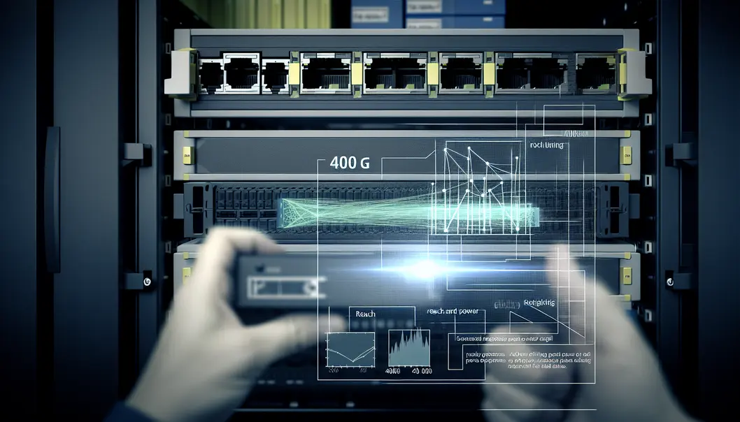Visualization of a 400G transceiver deployment in a data center, showing performance and planning metrics.