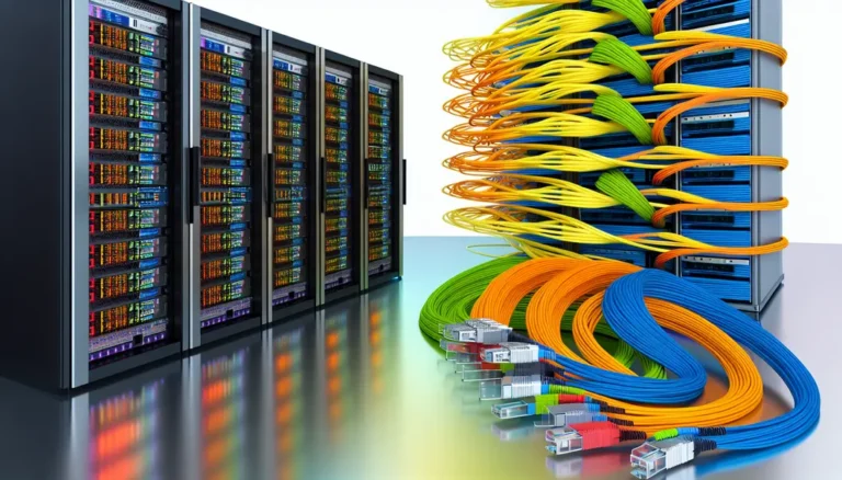 Data center racks connected with fiber optics representing DR4, FR4, and LR4 transceiver deployment in high-speed networks.
