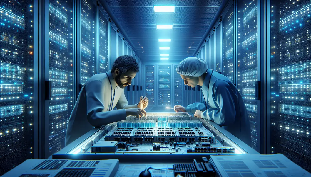 Engineers working with 800G transceivers at a cutting-edge data center.
