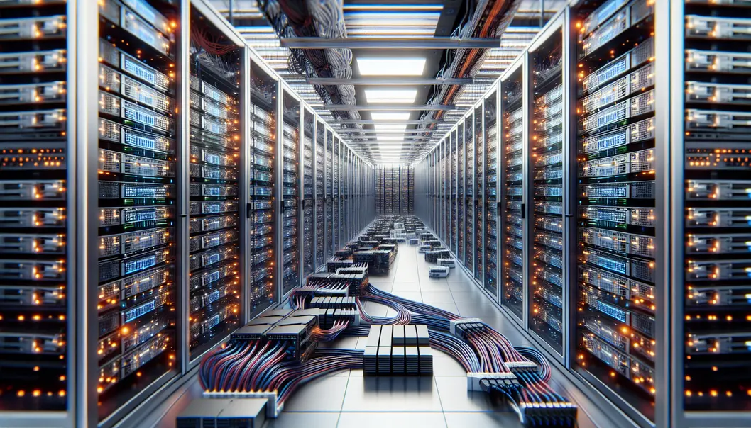 A large-scale AI data center showing interconnected GPU clusters driving east-west traffic.