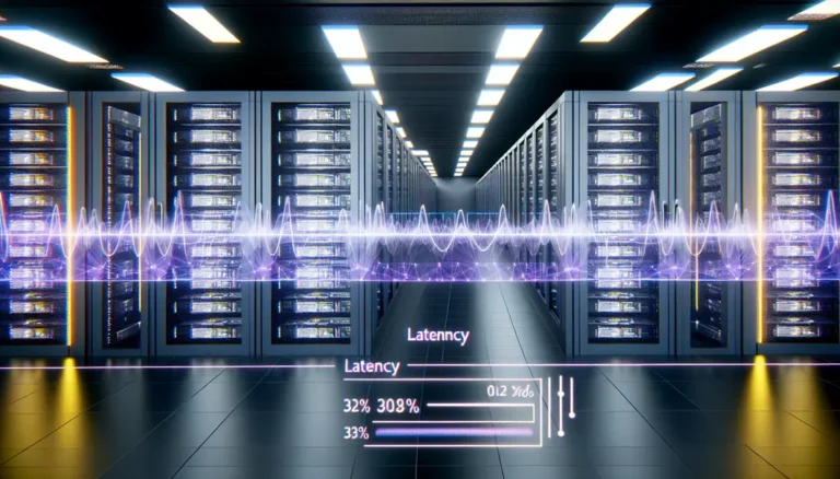 Inside a cutting-edge AI data center with racks and glowing optical interconnect components, representing low-latency design.