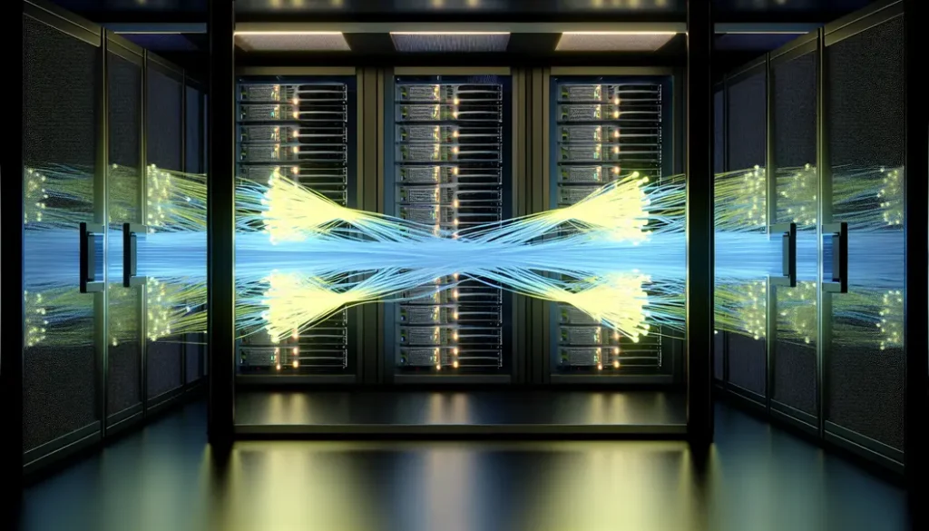 A futuristic data center with glowing optical connections for AI workloads.