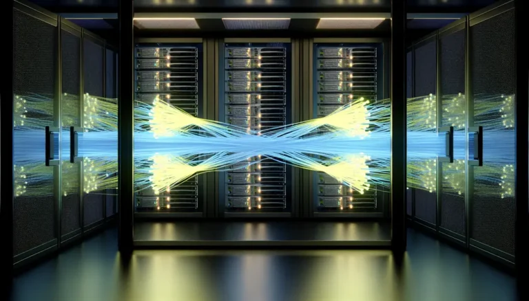 A futuristic data center with glowing optical connections for AI workloads.