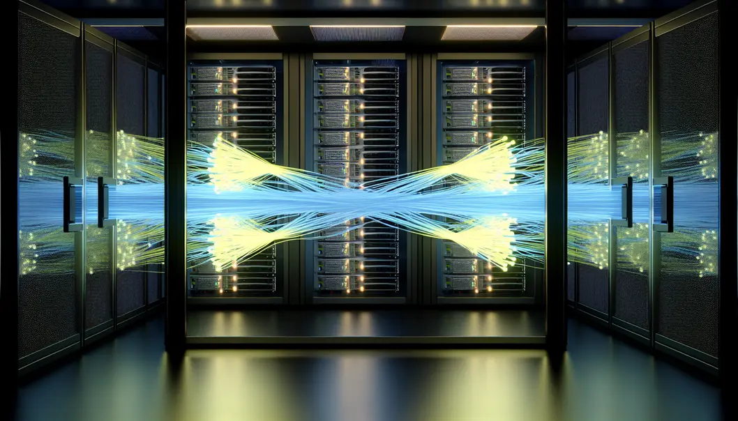 A futuristic data center with glowing optical connections for AI workloads.