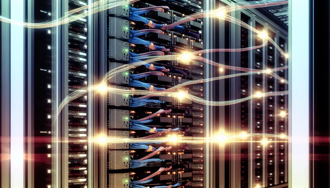 A photorealistic depiction of an AI and GPU data center with optical cabling and active server racks interconnected by high-performance optical modules.
