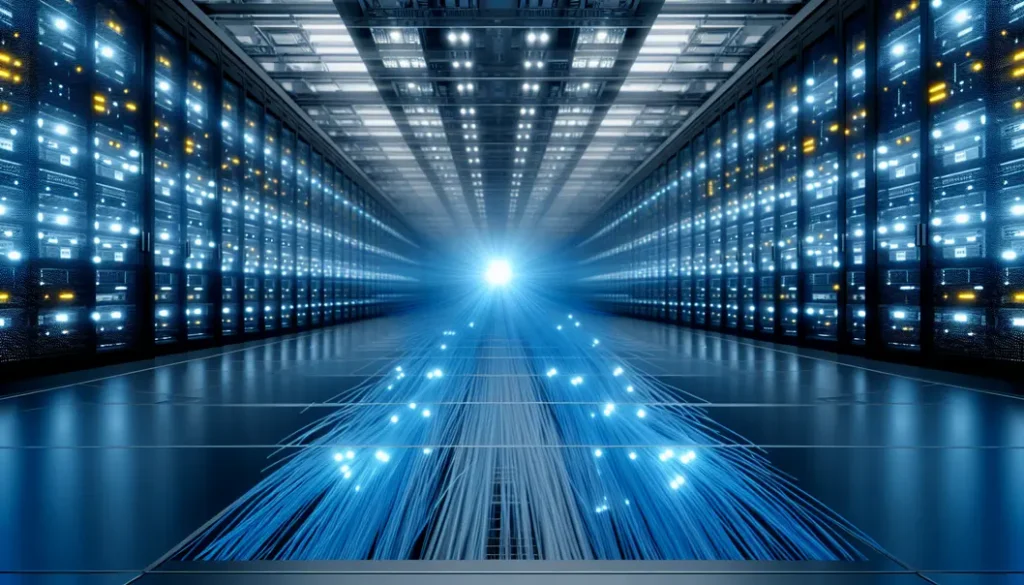 A futuristic data center with glowing fibers, symbolizing high-speed optics supporting AI-driven workloads.