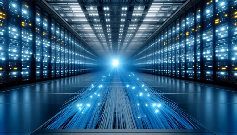 A futuristic data center with glowing fibers, symbolizing high-speed optics supporting AI-driven workloads.